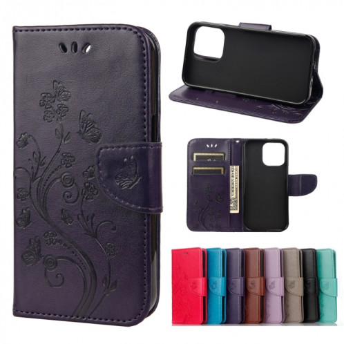 Pochette de fleurs de papillon Horizontal Flip Cuir Toot avec porte-carte et portefeuille pour iPhone 13 Mini (violet profond) SH802E797-37