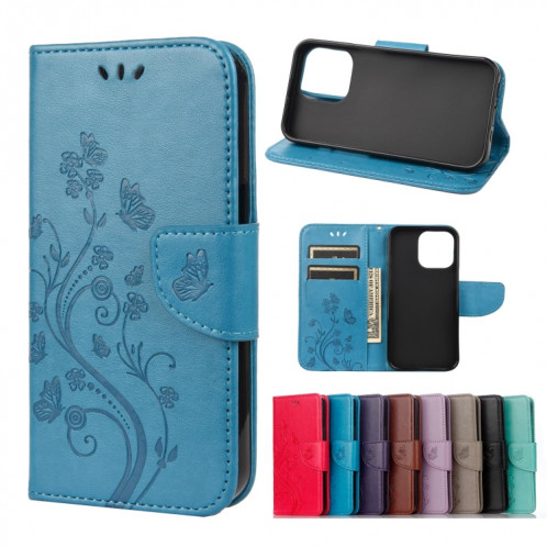 Modèle de fleurs papillon Horizontal Flip Cuir Toot avec porte-cartes et portefeuille pour iPhone 13 (bleu) SH803G327-37
