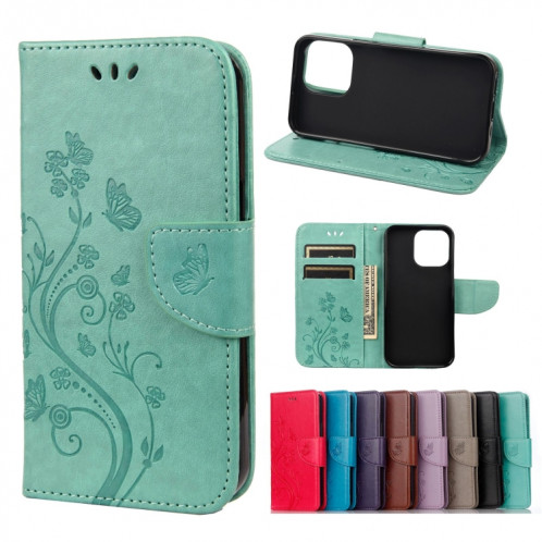 Modèle de fleur papillon Horizontal Flip Cuir Coffret avec porte-cartes et portefeuille pour iPhone 13 (vert) SH803H851-37