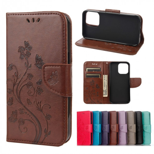 Modèle de fleur papillon Horizontal Flip Cuir Coating avec support & carte Slots & Portefeuille pour iPhone 13 Pro (Brown) SH804C1846-37