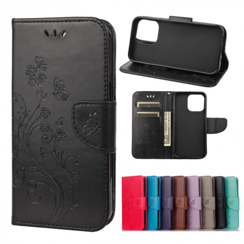 Modèle de fleurs papillon Horizontal Flip Cuir Coffret avec porte-carte et portefeuille pour iPhone 13 Pro (Noir) SH804F601-37