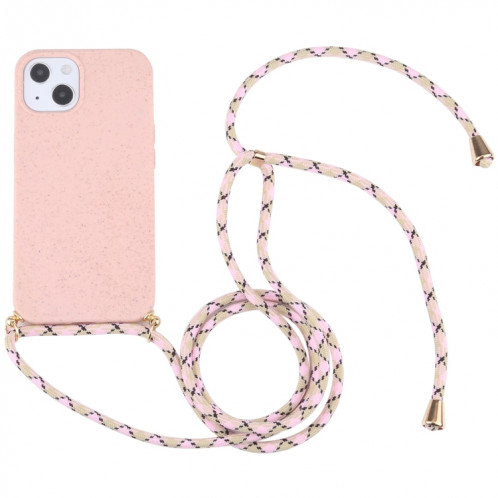 Matériau de paille de blé + TPU Case antichoc avec lanière à cou pour iPhone 13 mini (rose) SH101B1198-37