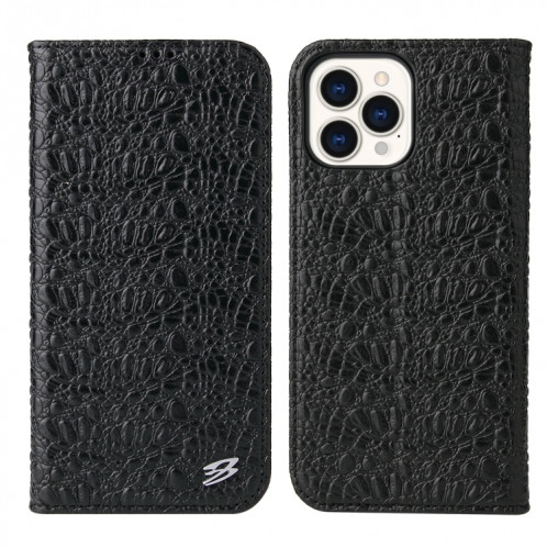 Fierre Shann Crocodile Texture magnétique Horizontal Horizontal Véritable étui en cuir avec support et fente pour carte pour iPhone 13 Pro (Noir) SF903A1218-38