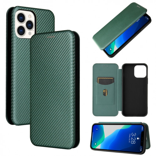 Texture de la fibre de carbone Magnétique Horizontal Horizontal TPU + PC + Etui en cuir PU avec emplacement de carte pour iPhone 13 Pro (vert) SH602D359-37