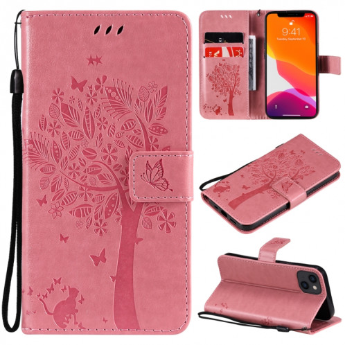 Tree & Cat motif pressé Impression Horizontale Flip PU Housse en cuir PU avec porte-carte et portefeuille et lanière pour iPhone 13 (rose) SH902C521-37