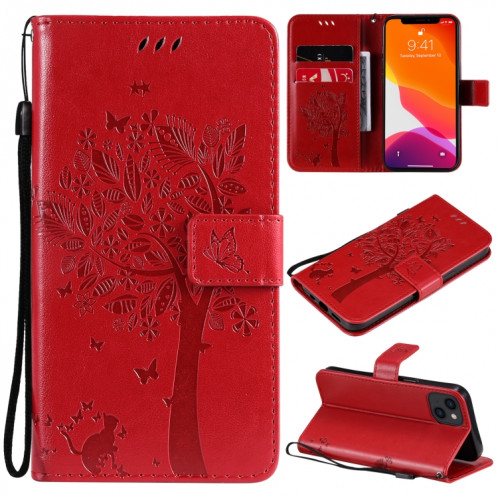 ARBRE & CAT Motif pressé Impression Horizontale Flip PU Coque en cuir PU avec support & carte Slots & Portefeuille et longe pour iPhone 13 (rouge) SH902E624-37