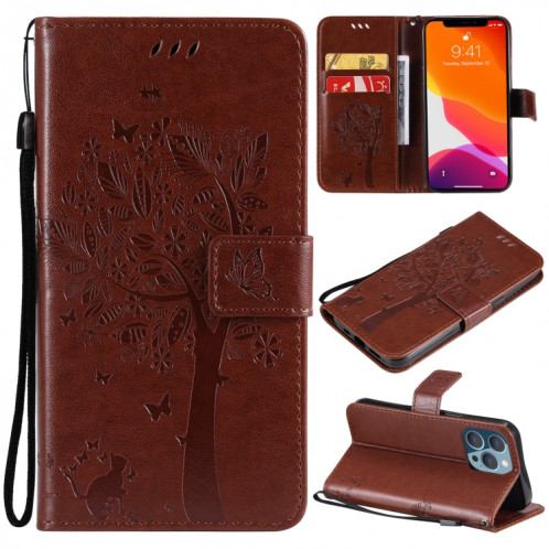 Tree & Cat motif pressé Impression Horizontale Flip PU Coque en cuir PU avec support & carte Slots & Portefeuille et longe pour iPhone 13 PRO (Brown) SH903D1149-37