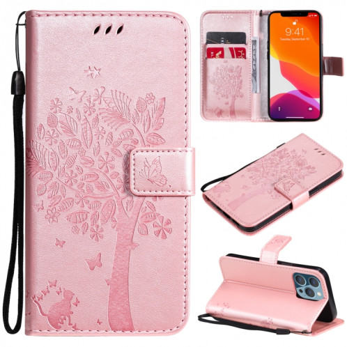 Tree & Cat motif pressé Impression Horizontale Flip PU Coque en cuir PU avec support & carte Slots & Portefeuille et longe pour iPhone 13 Pro (Rose Gold) SH903G1355-37