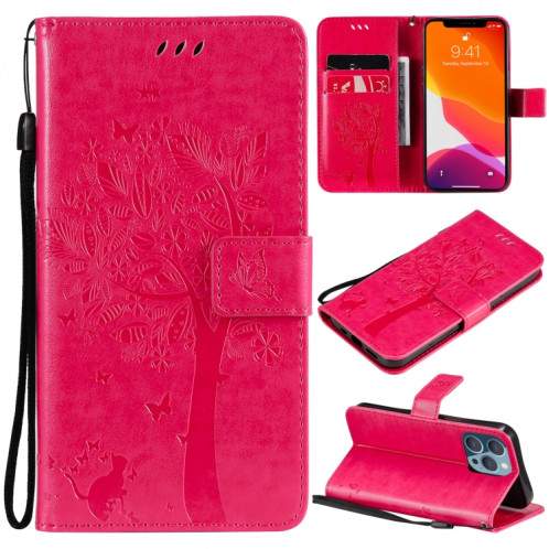 Modèle d'arbre et de chat imprimé imprimé horizontal horizontal case en cuir PU avec support et carte de portefeuille et portefeuille et longe pour iPhone 13 Pro (Rose Rouge) SH903H439-37
