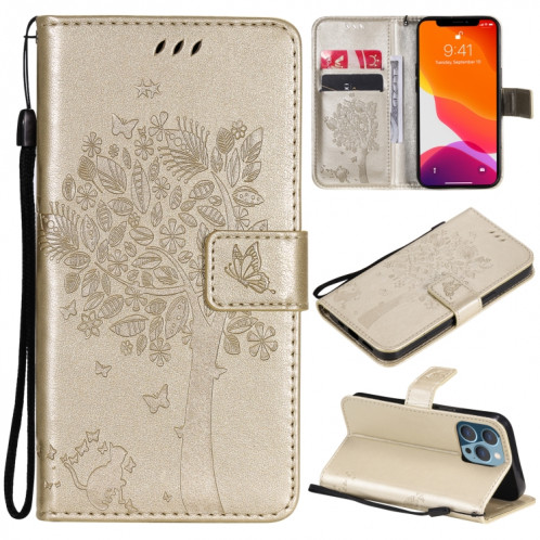 Modèle d'arbre et de chat imprimé imprimé horizontal case en cuir PU avec support & carte Slots & Portefeuille et longe pour iPhone 13 Pro (Or) SH903K766-37