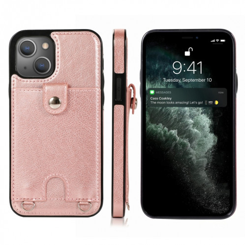 Cuir PU sous anti-PU + étui de protection TPU avec emplacement de carte et lanière pour iPhone 13 Pro (Rose Gold) SH503D1876-37