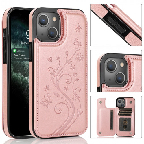 Papillons Fleurs Double Boucle PU + TPU Cas de protection avec porte-cartes et cadre photo pour iPhone 13 (or rose) SH102I1041-37