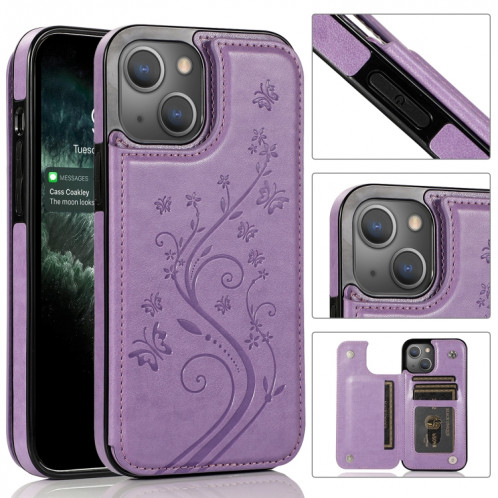 Papillons Fleurs Double Boucle PU + TPU Cas de protection avec support & Cadre Slots & Cadre photo pour iPhone 13 Pro (violet) SH103E1216-37