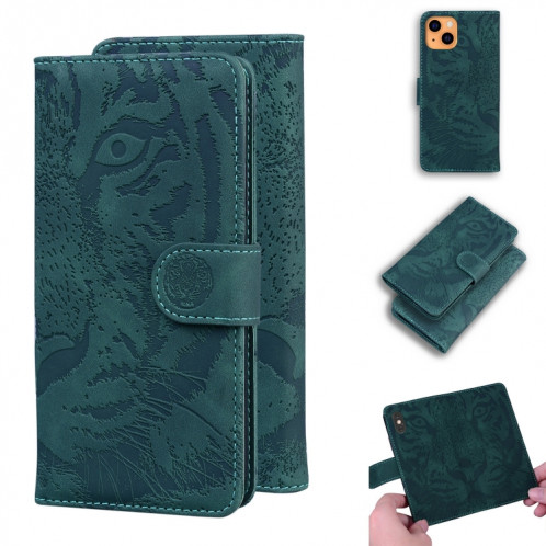 Motif de gaufrage de tigre Horizontal Flip Cuir Toot avec support et carte de portefeuille et portefeuille pour iPhone 13 (vert) SH102C546-35