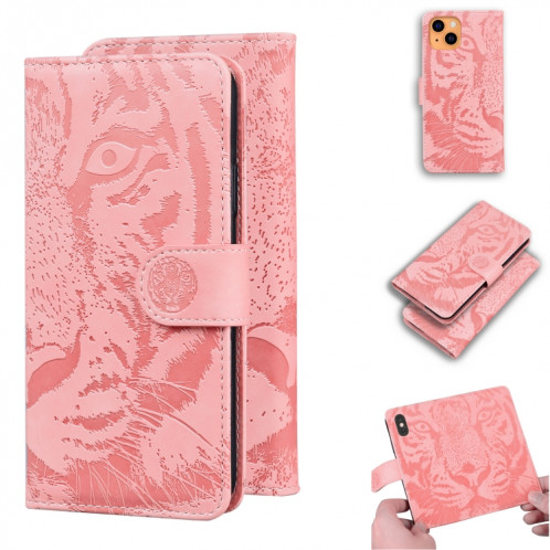 Modèle de gaufrage de tigre Horizontal Flip Cuir Coffret avec porte-cartes et portefeuille pour iPhone 13 (rose) SH102F539-35