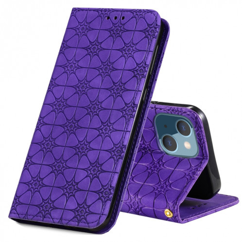 Boîtier de pansements horizontaux magnétiques de fleurs chanceux de gaufrage avec support et emplacements pour carte pour iPhone 13 mini (violet) SH201E462-37