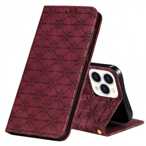 Boîtier de pansements horizontaux magnétiques de fleurs de lucky fleurs avec support et emplacements de carte pour iPhone 13 Pro (Rouge de vin) SH203D822-37