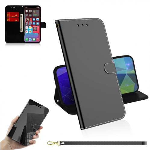 Surface de miroir imitée Horizontale Flip Cuir Coating avec porte-cartes et portefeuille et lanière pour iPhone 13 PRO (Noir) SH503B1087-36