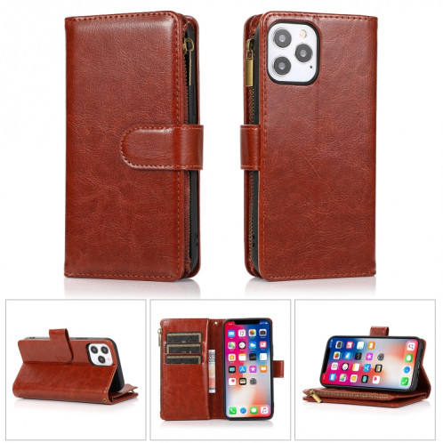 Étui de cuir horizontal de texture de texture de chevaux follement multifonctionnel avec une machine à galets et portefeuille et longe à glissière pour iPhone 13 Pro (Brown) SH203B6-37