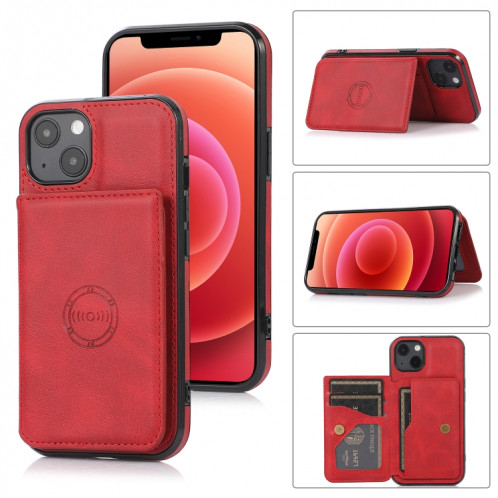 Sac de carte magnétique de texture de veau PU Case antichoc avec support et fente de carte pour iPhone 13 mini (rouge) SH901A948-37