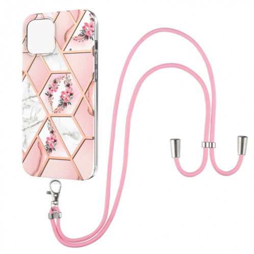 Épissage de galvanoplastie Modèle de fleur de marbre TPU Case antichoc avec longe pour iPhone 13 (fleur rose) SH902A1320-34