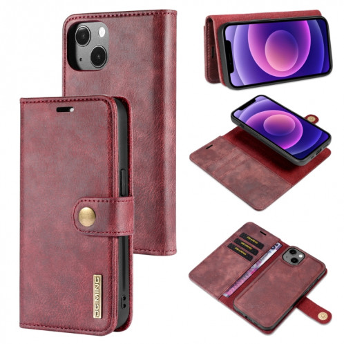 DG.Ming Crazy Horse Texture Tournez en cuir magnétique détachable avec porte-cartes et portefeuille pour iPhone 13 (rouge) SD602A1205-37
