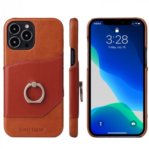 Fierre Shann Texture de la cire d'huile véritable Coque en cuir véritable avec support de rotation de 360 ​​degrés et emplacement de carte pour iPhone 13 PRO (Brown) SF703A424-38