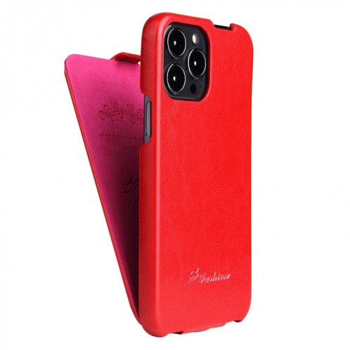 Fierre Shann Texture de la cire de la cire de la cire Vertical Flip PU pour iPhone 13 Pro (rouge) SF202B1338-36