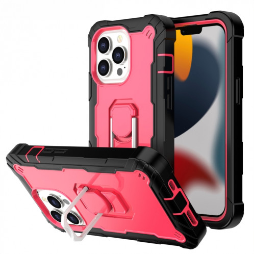 PC + Caoutchouc en caoutchouc 3 couches de protection antichoc avec support rotatif pour iPhone 13 Pro (noir + rose rouge) SH503E594-37