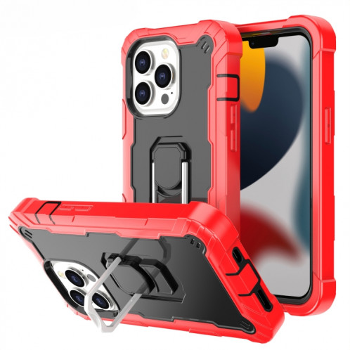 PC + Caoutchouc en caoutchouc 3 couches de protection antichoc avec support rotatif pour iPhone 13 Pro (rouge + noir) SH503F1181-37