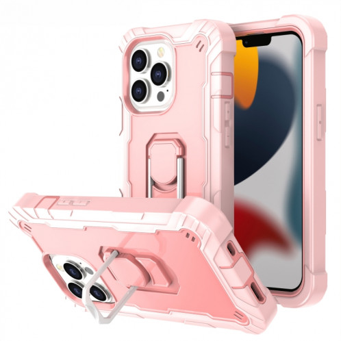 PC + Caoutchouc en caoutchouc Tasse de protection antichoc avec support rotatif pour iPhone 13 Pro (or rose) SH503I314-37