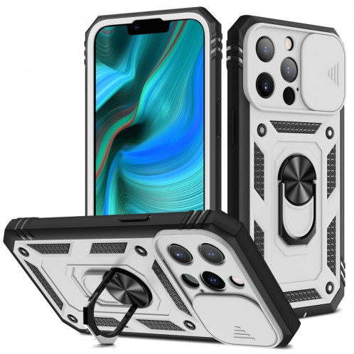 Cache de caméra coulissante conception TPU + étui de protection PC avec support rotatif à 360 degrés et emplacement de carte pour iPhone 13 Pro (blanc + noir) SH303A300-37