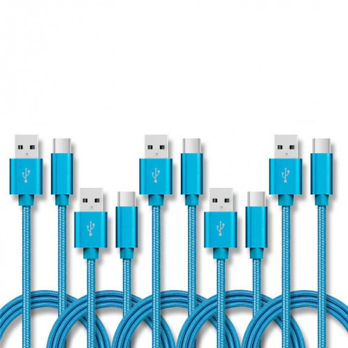 5 PCS USB à USB-C / Type-C Nylon TRESSION DE DONNÉES DE TRANSMISSION DE TRANSMISSION DE TRANSMISSION DE CABLE: 1M (bleu) SH601B699-37