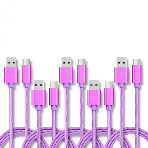 5 PCS USB à USB-C / Type-C Câble de transmission de données de chargement tressé, Durée du câble: 1M (violet) SH601E746-37