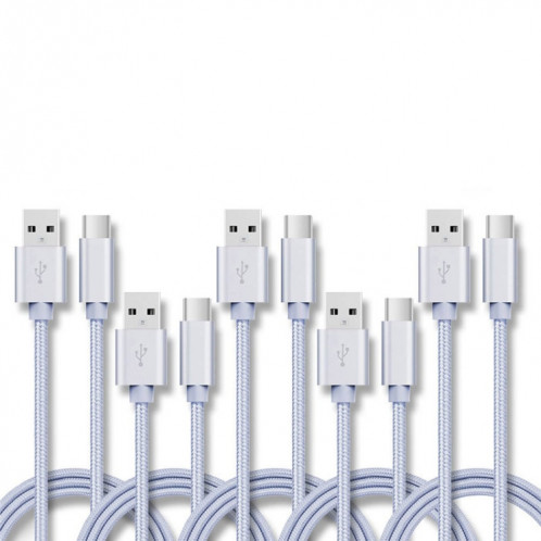 5 PCS USB à USB-C / Type-C Câble de transmission de données de chargement tressé, Durée du câble: 1M (argent) SH601F1331-37