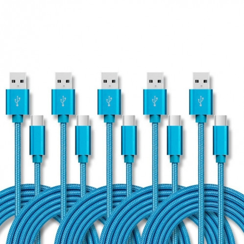 5 PCS USB à USB-C / Type-C Nylon tressé Traité Tradition Câble de transmission, Longueur du câble: 3M (bleu) SH603B822-37