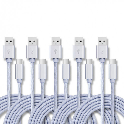 5 PCS USB sur USB-C / Type-C Câble de transmission de données tresses de chargement de la nylon, Longueur du câble: 3M (argent) SH603F60-37