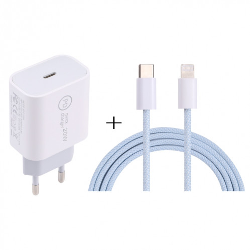 SDC-20W PD Chargeur de voyage USB-C / TYPE-C + 1M 20W USB-C / TYPE-C à 8 broches Set de câble de données, Plug UE (bleu) SH601C1806-37