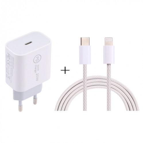 SDC-20W PD Chargeur de voyage USB-C / TYPE-C + 1M 20W USB-C / Type-C à 8 broches Set de câble de données, Fiche EU (Blanc) SH601D1202-37