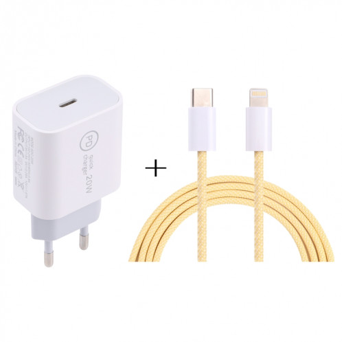 SDC-20W PD Chargeur de voyage USB-C / TYPE-C + 1M 20W USB-C / TYPE-C à 8 broches Set de câble de données, fiche UE (jaune) SH601E1768-37