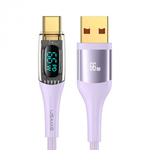 Câble de données de charge rapide à affichage numérique transparent en alliage d'aluminium USAMS USB vers Type-C 66W, longueur du câble: 1,2 m (violet) SU401C1744-310