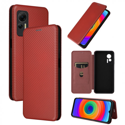 Pour Ulefone Note 14 Étui de téléphone en cuir à rabat avec texture en fibre de carbone (marron) SH214E1453-36