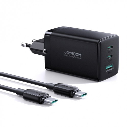 JOYROOM TCG01 GaN Ultra 65W 2 Type-C + 1 USB Chargeur Rapide avec Câble Type-C de 1,2 m, Prise: Prise UE (Noir) SJ701A770-39