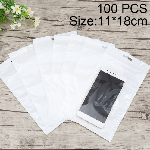 100 PCS 11cm x 18cm Hang Hole Clear Front Blanc Perle Bijoux Zip Lock Sac d'emballage, impression personnalisée et taille sont les bienvenus SH4162116-35