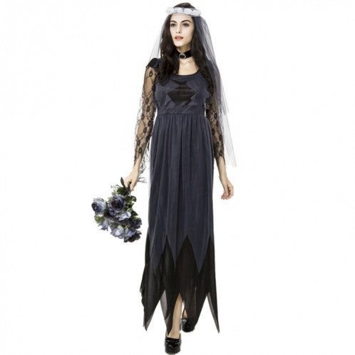 Costume d'Halloween Femmes Dentelle Mousseline Noire Robe Ghost Bride Vêtements Uniformes de Jeu Cosplay, Taille: M, Buste: 76cm, Tour de taille: 70cm, Tenue Longue: 141cm SH62401369-37