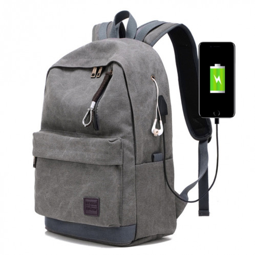 Sac à dos étudiant en toile de voyage décontracté multifonctionnel avec interface de charge USB externe et prise casque (gris) SH095H1870-39