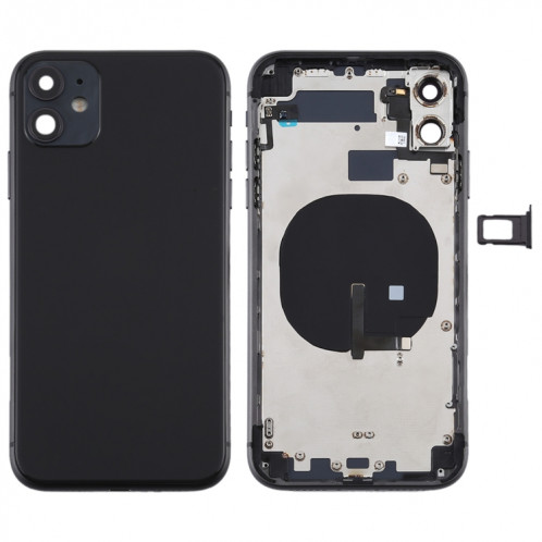Couvercle arrière de la batterie (avec touches latérales et plateau de carte et câble d'alimentation + volume flexible et module de charge sans fil) pour iPhone 11 (noir) SH72BL1603-36