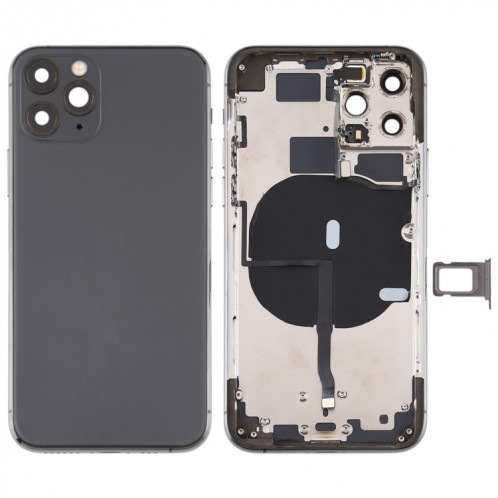 Couvercle arrière de la batterie (avec touches latérales et plateau de carte et câble d'alimentation + volume flexible et module de charge sans fil) pour iPhone 11 Pro (noir) SH33BL1938-37