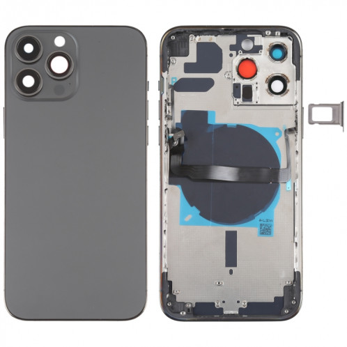 Coque arrière de batterie pour iPhone 13 Pro Max avec touches latérales et plateau de carte et alimentation + câble flexible de volume et module de charge sans fil (noir) SH13BL426-37