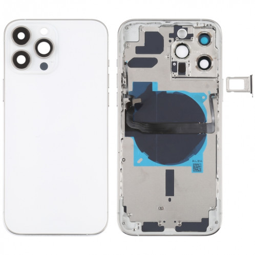 Coque arrière de batterie pour iPhone 13 Pro Max avec touches latérales et plateau de carte et câble flexible d'alimentation + volume et module de charge sans fil (blanc) SH13WL1677-37